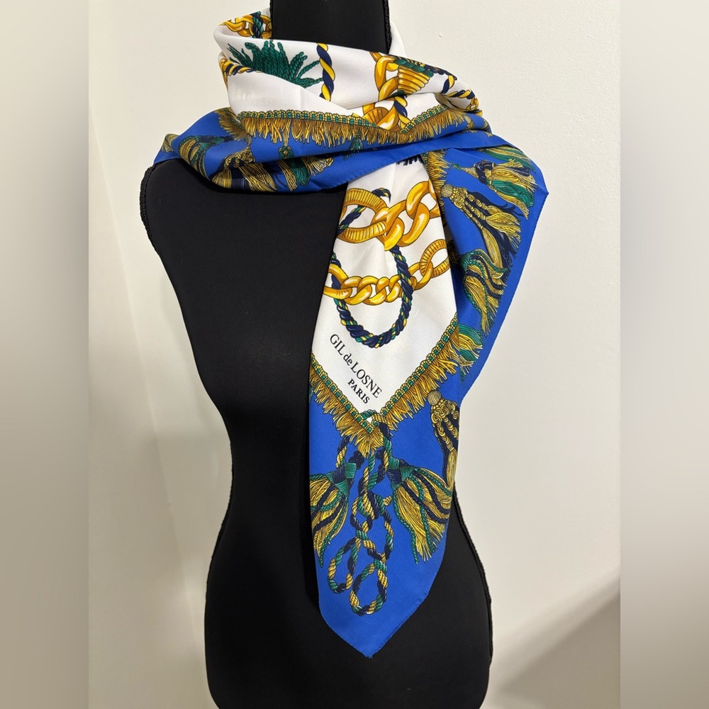 Gil de Losne Paris scarf 30” sq in rich royal blue/ Golds/Greens